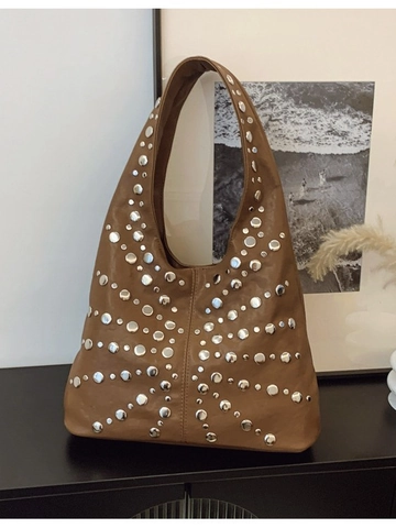 Sac à Épaule Hobo Vintage Grande Capacité pour Femmes Cabas en Cuir PU Avec Rivets Radiaux Argentés Sac Sous les Bras Rétro pour Navette
