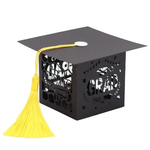 Congrats Grad Graduation Candy Boxes Black Mortarboard Laser Cut Gift Boxes With Yellow Tassels For Graduation Party Favors