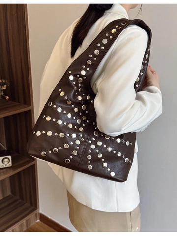Sac à Épaule Hobo Vintage Grande Capacité pour Femmes Cabas en Cuir PU Avec Rivets Radiaux Argentés Sac Sous les Bras Rétro pour Navette