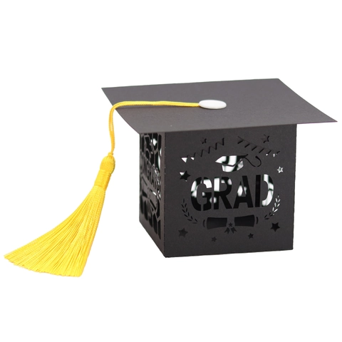 Congrats Grad Graduation Candy Boxes Black Mortarboard Laser Cut Gift Boxes With Yellow Tassels For Graduation Party Favors