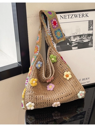 Borsa Tote in Uncinetto con Fiori Fatti a Mano per Donna Borsa a Tracolla in Maglia Bohemien Borsa Hobo da Spiaggia Estiva