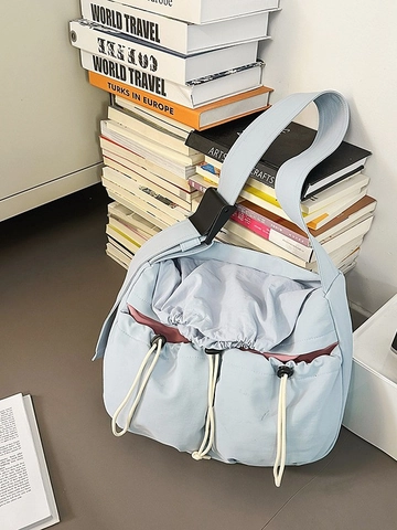 Grand Sac Bandoulière en Toile pour Femmes Style Cargo Japonais Multi-poches Cordon de Serrage Sacoche pour École Navettage