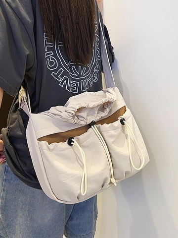 Grand Sac Bandoulière en Toile pour Femmes Style Cargo Japonais Multi-poches Cordon de Serrage Sacoche pour École Navettage