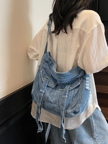 Borsa Tote in Denim Vintage Donna Grande Capacità Lavata Borsa a Tracolla Retro Workwear Borsa a Spalla Casual da Viaggio