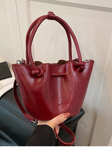 Sac Seau en Cuir PU à la Mode pour Femmes Poignée à Nœud Motif Litchi Sac à Bandoulière Vintage Sac à Main Décontracté