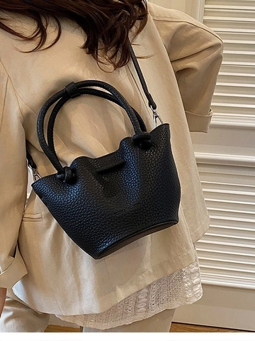 Sac Seau en Cuir PU à la Mode pour Femmes Poignée à Nœud Motif Litchi Sac à Bandoulière Vintage Sac à Main Décontracté