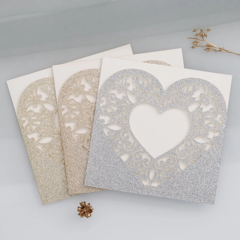 Lasergeschnittene Hohlherz-Glitzerpapier-Einladungskarten Elegantes Rebenmuster Grußkarten Für Hochzeit Valentinstag