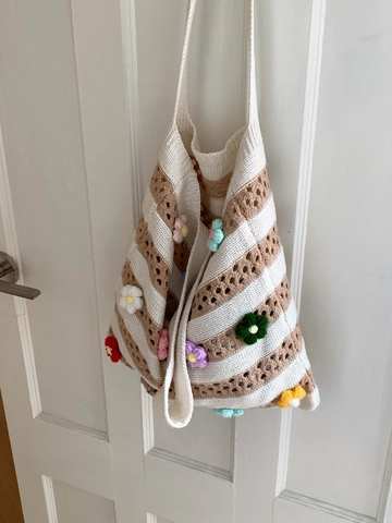 Borsa Tote a Righe in Maglia Fatta a Mano Con Fiori All'uncinetto 3D Grande Capacità Borsa da Spiaggia a Tracolla Per Donna