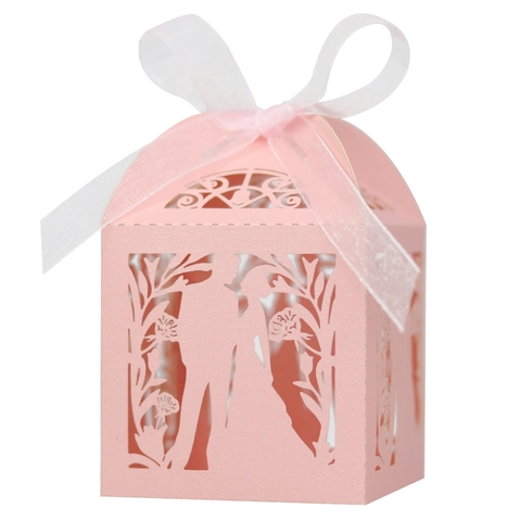 Laser Cut Wedding Candy Box Pearl Paper Hollow Bride Groom Silhouette Party Favor Boxes With Ribbon For Wedding Baptism