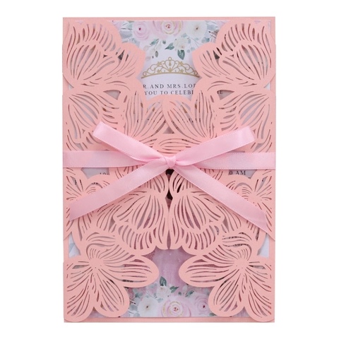 Elegant Laser Cut Wedding Invitations Hollow Floral Greeting Cards With Ribbon Bow For Baptism Party Bridal Shower