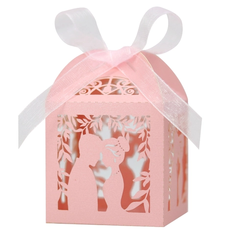 Laser Cut Wedding Favor Candy Boxes Hollow Out Bride Groom Pearlescent Paper Gift Box With Ribbon For Party Decoration