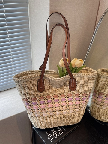 Grand Sac Cabas en Paille Tissée pour Femmes Plage Bord de Mer Sac à Épaule Bohème Fait Main Sac à Main Vacances Été