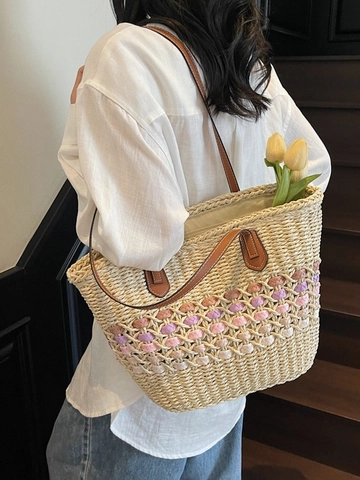 Grand Sac Cabas en Paille Tissée pour Femmes Plage Bord de Mer Sac à Épaule Bohème Fait Main Sac à Main Vacances Été