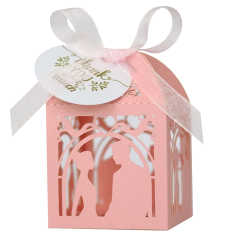 Laser Cut Hollow Wedding Candy Box Pearl Paper Couple Silhouette Gift Box With Ribbon Thank You Tag For Valentine Party