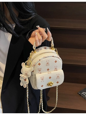 Mode Sac à Dos Mini Femme Imprimé Ours en Cuir PU Sac Seau Style Coréen Petit Sac à Bandoulière Avec Chaîne Sac à Dos Décontracté