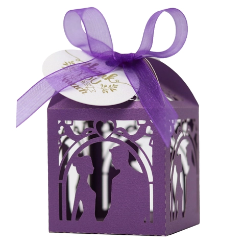 Laser Cut Hollow Wedding Candy Box Pearl Paper Couple Silhouette Gift Box With Ribbon Thank You Tag For Valentine Party