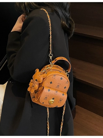 Mode Sac à Dos Mini Femme Imprimé Ours en Cuir PU Sac Seau Style Coréen Petit Sac à Bandoulière Avec Chaîne Sac à Dos Décontracté