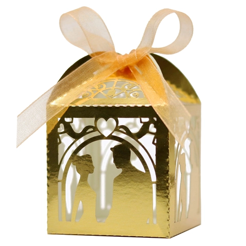 Laser Cut Wedding Favor Box With Ribbon Bride Groom Silhouette Hollow Paper Candy Box Party Decoration Celebration Gift
