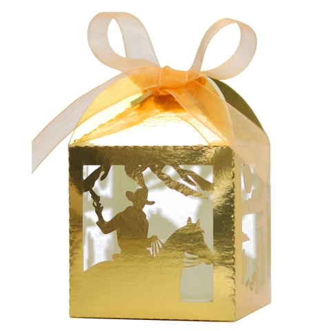 Scatola di Caramelle con Silhouette di Cowboy Western Intagliata al Laser con Nastro Carta Perlata per Regalo Festa Matrimonio