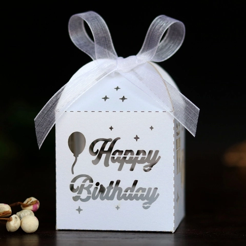 Laser Cut Happy Birthday Candy Box Pearlescent Paper House Shape Gift Box With Ribbon For Birthday Party Favor Supplies