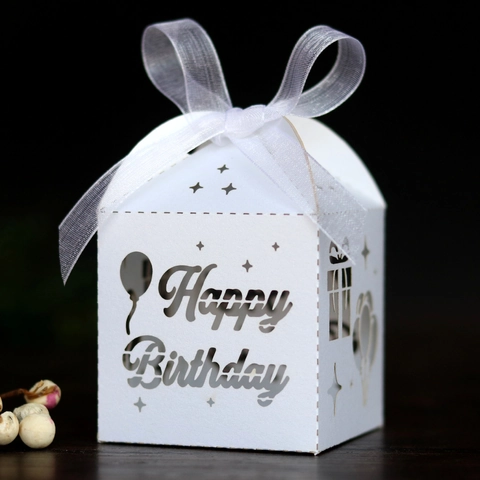 Laser Cut Happy Birthday Candy Box Pearlescent Paper House Shape Gift Box With Ribbon For Birthday Party Favor Supplies