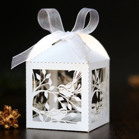 Scatola di Caramelle con Motivo a Uccello Tagliata al Laser Matrimonio Bomboniera con Nastro Carta Perlescente Scatola Regalo
