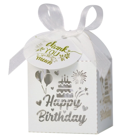 Laser Cut Happy Birthday Candy Box Pearl Paper Hollow Gift Box With Ribbon For Birthday Party Wedding Favors Decor