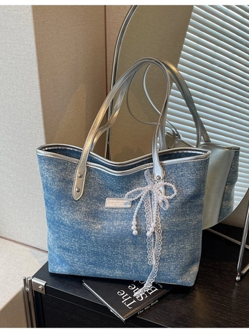 Large Capacity Women Denim Canvas Tote Bag With Artificial Pearl Lace Bow Charm Glitter Stars Silver Trim Commuter Shoulder Bag