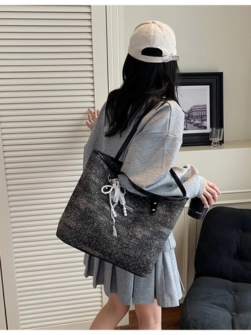 Large Capacity Women Denim Canvas Tote Bag With Artificial Pearl Lace Bow Charm Glitter Stars Silver Trim Commuter Shoulder Bag
