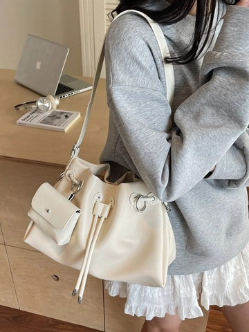 Bolso Cubo de Cuero PU Casual para Mujer Gran Capacidad Bolso de Hombro con Cordón y Mini Monedero Color Sólido