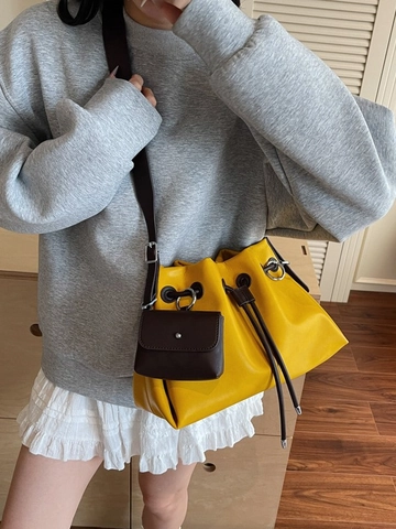 Bolso Cubo de Cuero PU Casual para Mujer Gran Capacidad Bolso de Hombro con Cordón y Mini Monedero Color Sólido