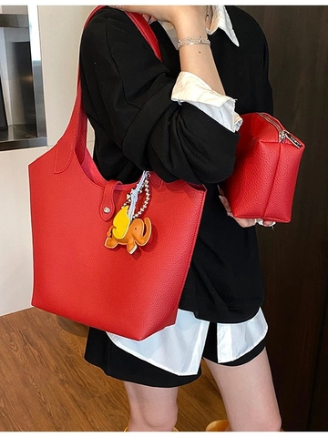 Sac Cabas Femme en Cuir PU Grande Capacité Motif Litchi Sac à Bandoulière Minimaliste Avec Pendentif Éléphant