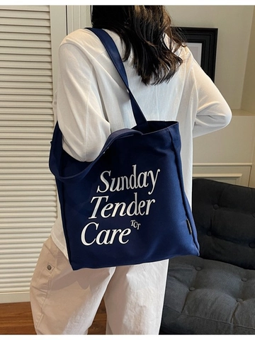 Retro Grote Capaciteit Canvas Tote Tas Voor Vrouwen Vintage Letterprint Sunday Tender Care Schoudertas