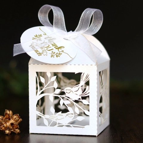 Scatola di Caramelle con Motivo a Uccello Tagliata al Laser Matrimonio Bomboniera con Nastro Carta Perlescente Scatola Regalo