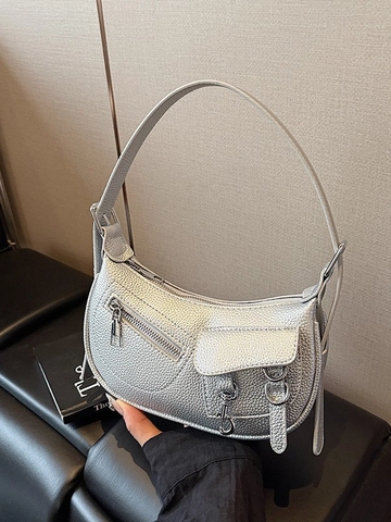 Sac Bandoulière Demi-Lune en Cuir PU Galet pour Femmes Quincaillerie Argentée Style Moto Sac à Épaule Dumpling Mode