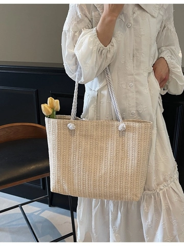 Sac Fourre-tout en Paille Grande Capacité pour Femmes Sac à Bandoulière Tissé Avec Poignée en Corde de Coton pour Plage Vacances