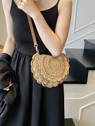 Sommer Bohemian Gewebt Gehäkelt Satteltasche Für Damen Mode Muschelkanten Stroh Umhängetasche Lässig Vielseitig Schultertasche