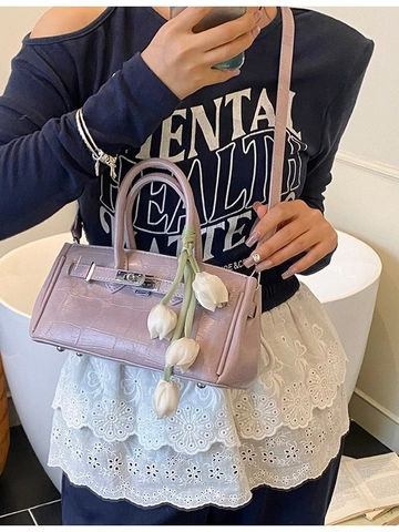 Sac à Main Femme en Cuir PU Motif Crocodile Avec Charme Tulipe Serrure Métallique Sac Bandoulière Mode Décontracté Quotidien