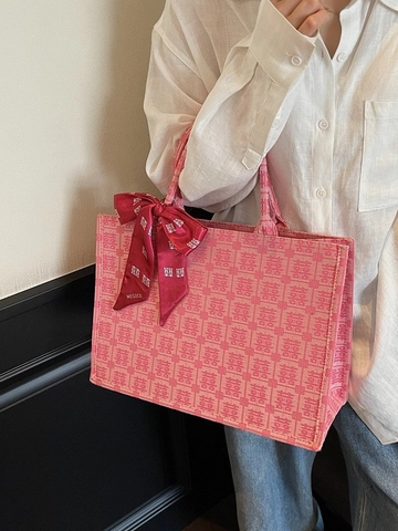 Neuer Chinesischer Stil Doppeltes Glücksmuster Stickerei Tote Bag Große Kapazität Hochzeit Schultertasche Handtasche Mit Seidenschal