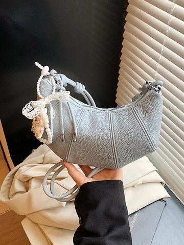 Sac Croissant Trendy en Cuir PU pour Femme Sac Bandoulière Décontracté avec Poignée à Nœud Pendentif Mignon Sac à Épaule Quotidien
