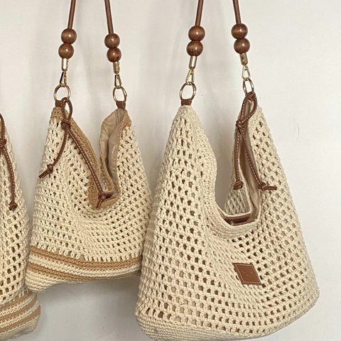 Γυναικεία Χειροποίητη Πλεκτή Τσάντα Tote από Βαμβάκι και Λινό Διάτρητη Τσάντα Ώμου Παραλίας Με Ξύλινες Χάντρες Τσάντα Διακοπών