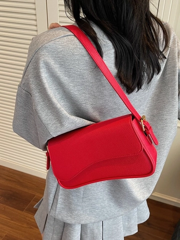 Bolso de Axila de Cuero PU Vintage con Textura de Lichi para Mujer Moda Bolso Bandolera Minimalista Solapa Asimétrica Bolso de Hombro Conmutar