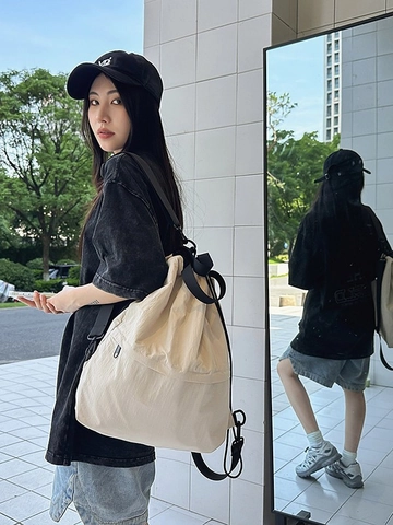 Large Capacity Nylon Drawstring Tote Bag For Women Multifunctional Backpack Shoulder Bag Solid Color Water Resistant Travel Daypack