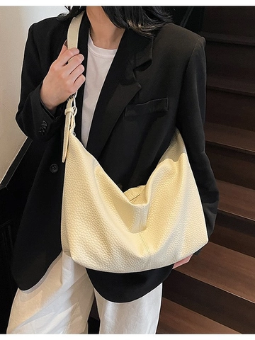 Women Vintage Large Capacity Hobo Shoulder Bag Niche Minimalist Solid Color PU Leather Commuter Tote Crossbody Bag