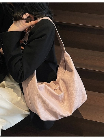 Women Vintage Large Capacity Hobo Shoulder Bag Niche Minimalist Solid Color PU Leather Commuter Tote Crossbody Bag