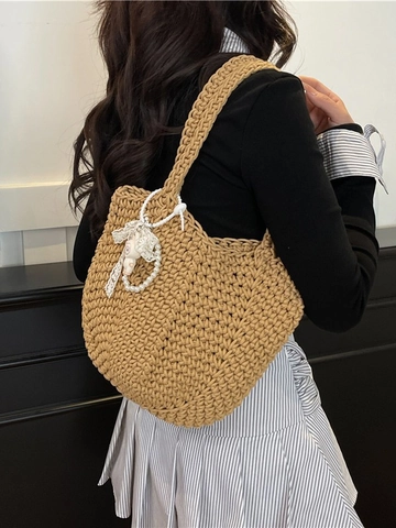 Handgefertigte Gewebte Schultertasche Für Damen Vintage Häkel Eimertasche Mit Spitzenschleife Perlenanhänger Lässige Tote Boho Stil