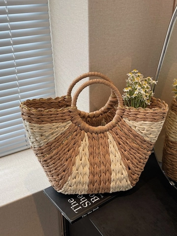 Borsa a Mano Intrecciata in Paglia a Strisce a Contrasto da Donna Con Manico Rotondo Borsa a Secchiello per Vacanze Estive Decorazione in Filo d'Oro