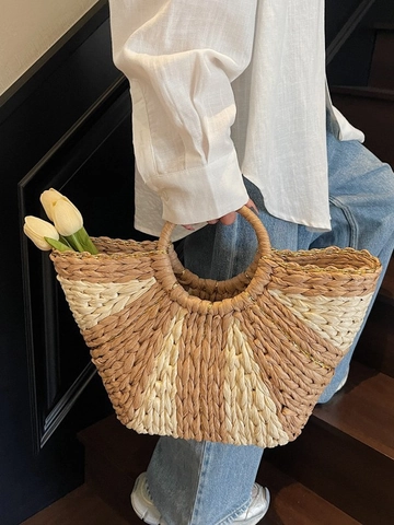 Borsa a Mano Intrecciata in Paglia a Strisce a Contrasto da Donna Con Manico Rotondo Borsa a Secchiello per Vacanze Estive Decorazione in Filo d'Oro