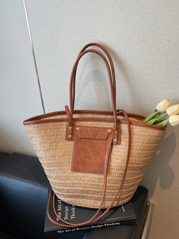 Summer Large Capacity Woven Straw Tote Bag For Women Vintage Contrast Color Beach Vacation Shoulder Bag With PU Leather Trim