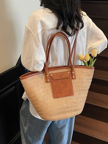 Summer Large Capacity Woven Straw Tote Bag For Women Vintage Contrast Color Beach Vacation Shoulder Bag With PU Leather Trim